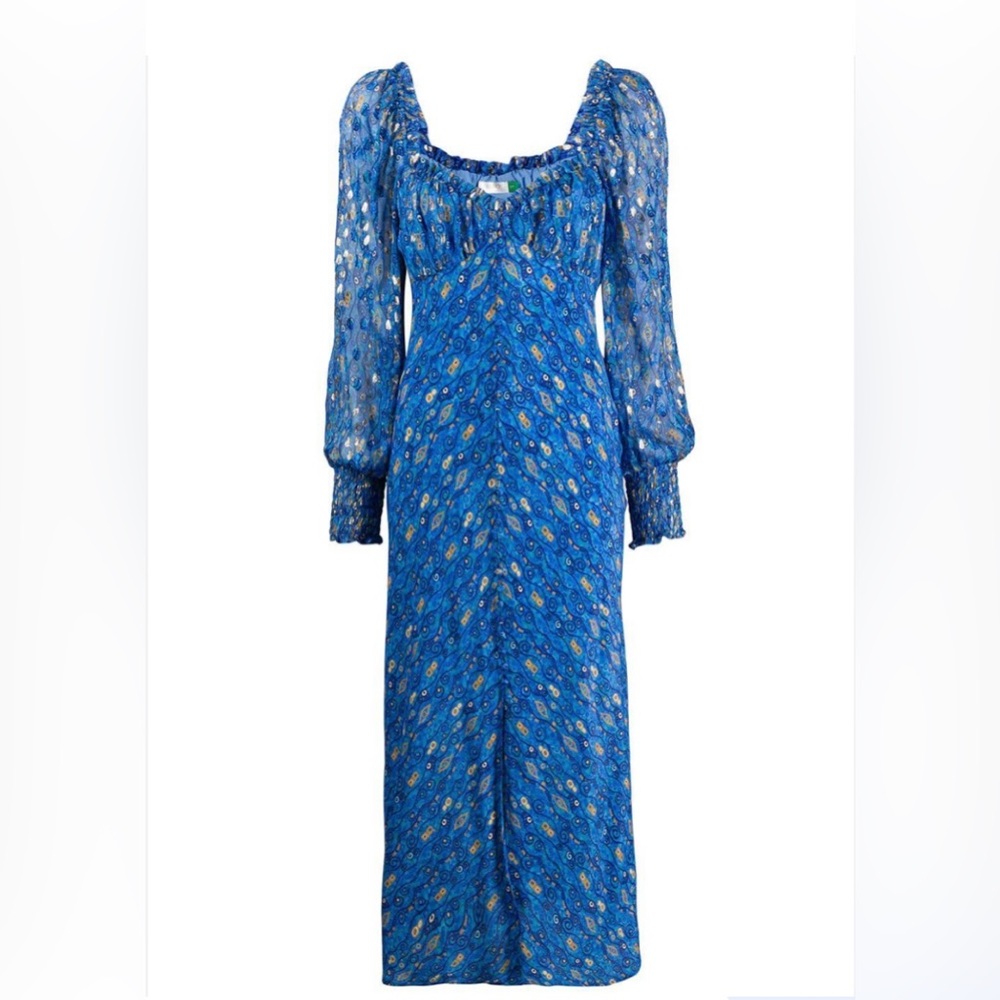 RIXO London Miriam Klimt Eye Wave Print Dress in Blue